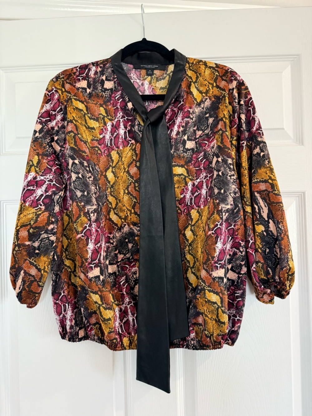 Marc New York: Snake Print Tie Neck Blouse in Mustard & Burgundy